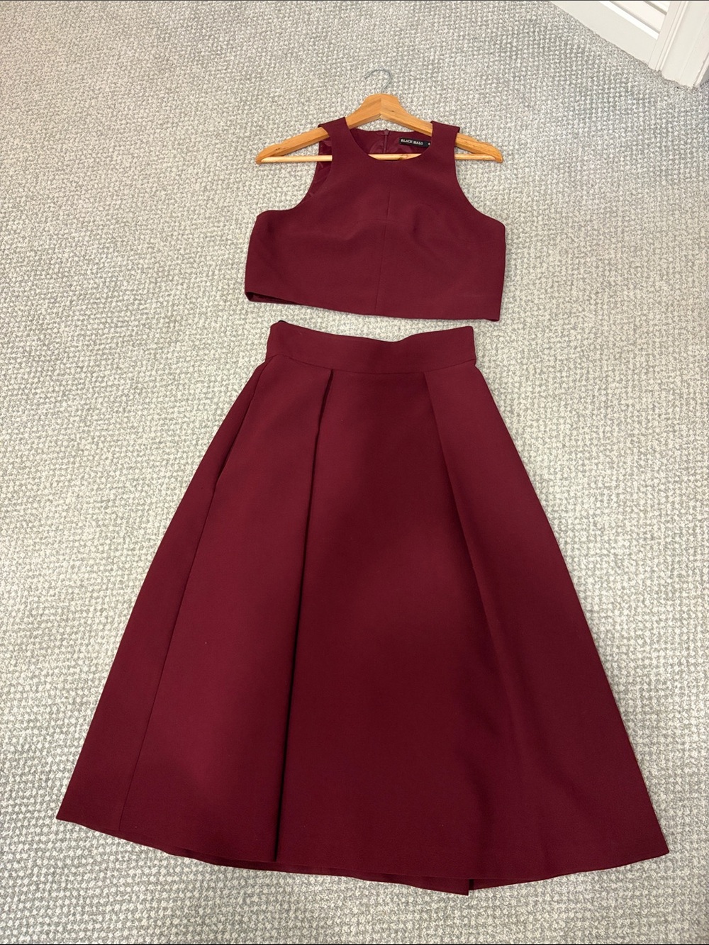 Black Halo Oxblood Two-Piece Skirt Set with Cropped top